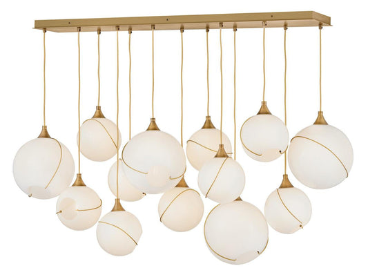 Hinkley Skye Large Thirteen Light Linear Chandelier Heritage Brass Cased Opal