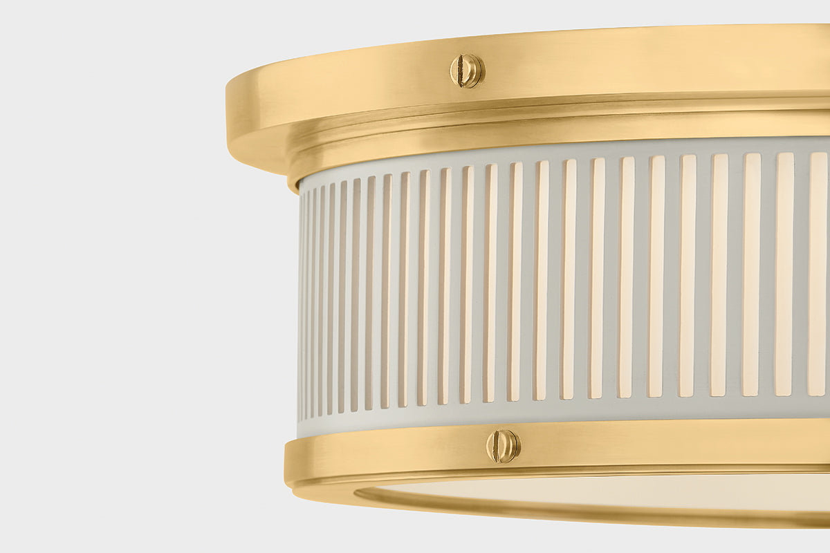 Hudson Valley Ashdown Round Flush Mount in Aged Brass / Off White, room setting 2