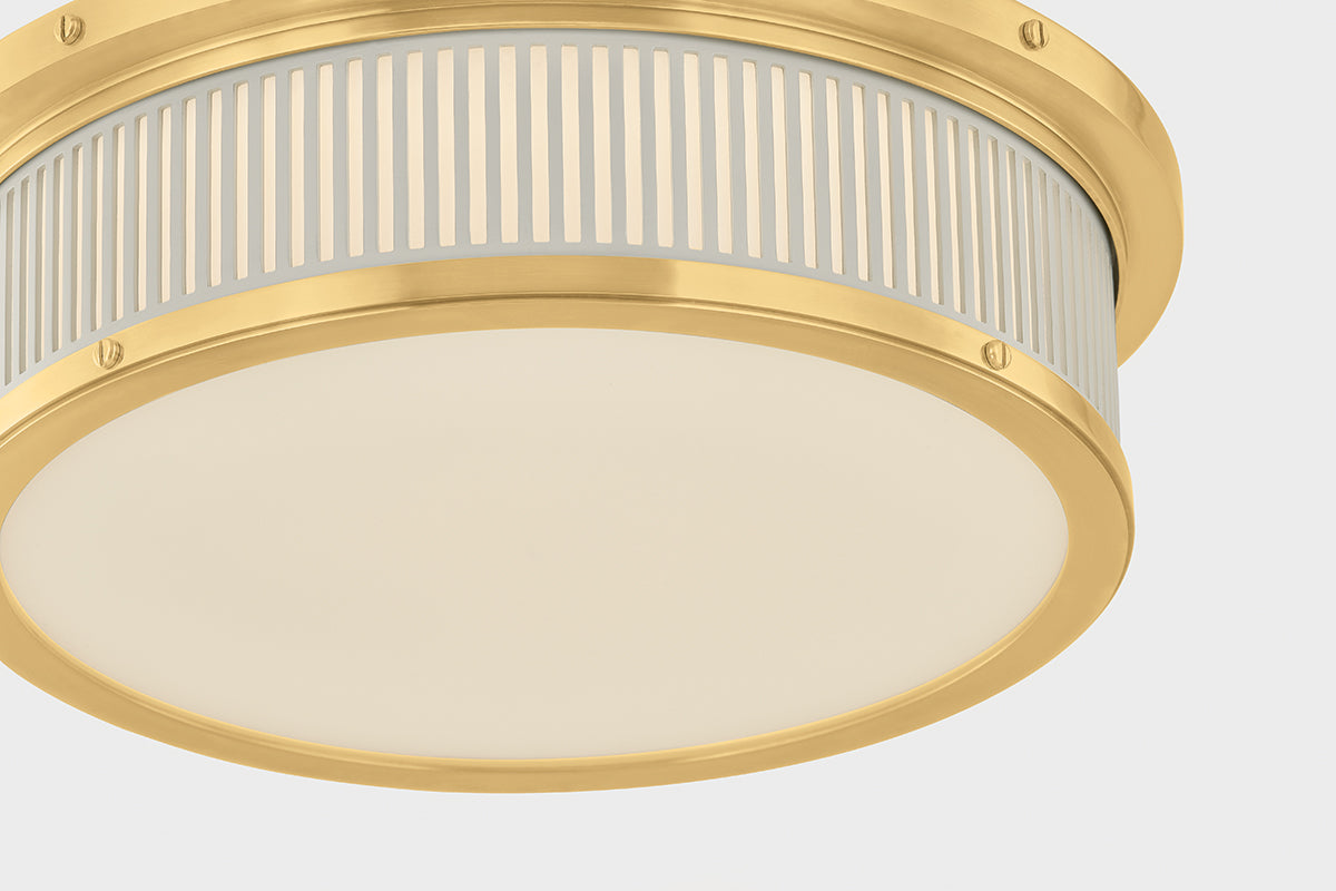 Hudson Valley Ashdown Round Flush Mount in Aged Brass / Off White, room setting 3