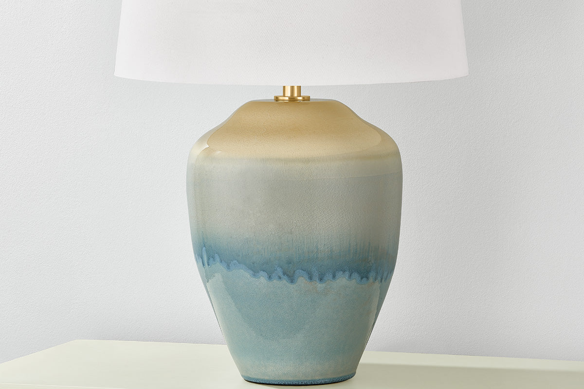 Hudson Valley Montville Table Lamp in Aged Brass / Ceramic Crackle Emerald Tide, room setting 1