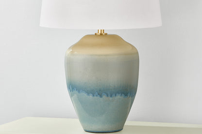 Hudson Valley Montville Table Lamp in Aged Brass / Ceramic Crackle Emerald Tide, room setting 1