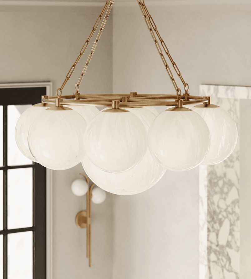 Hudson Valley Thornwood Chandelier, 9-Light, Aged Brass, Cloud Glass Etched Iniside Shade, 43.25"W (5243-AGB ACJWT)