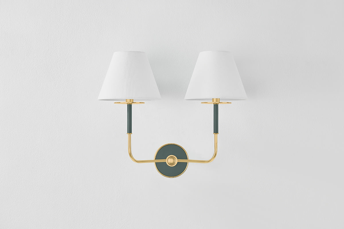 Hudson Valley Wedgewood 2-Light Wall Sconce in Aged Brass / Soft Studio Green, room setting 1