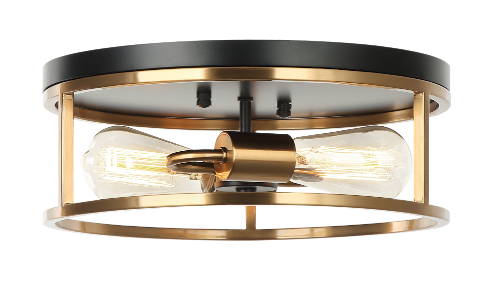 Matteo Lighting Clarke 2-Light Round Flush Mount Black, Aged Brass