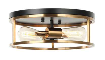 Matteo Lighting Clarke 2-Light Round Flush Mount Black, Aged Brass