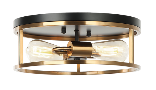 Matteo Lighting Clarke 2-Light Round Flush Mount Black, Aged Brass