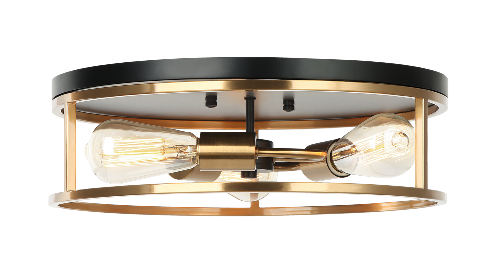 Matteo Lighting Clarke 3-Light Round Flush Mount Black, Aged Brass