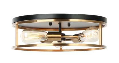 Matteo Lighting Clarke 3-Light Round Flush Mount Black, Aged Brass
