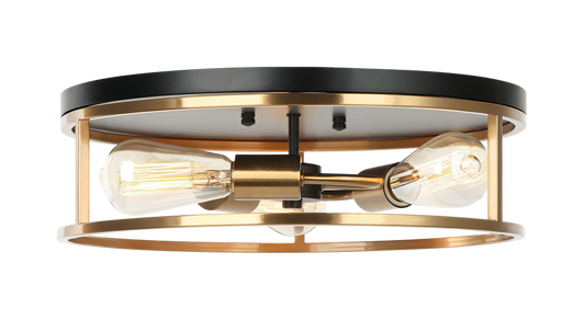 Matteo Lighting Clarke 3-Light Round Flush Mount Black, Aged Brass