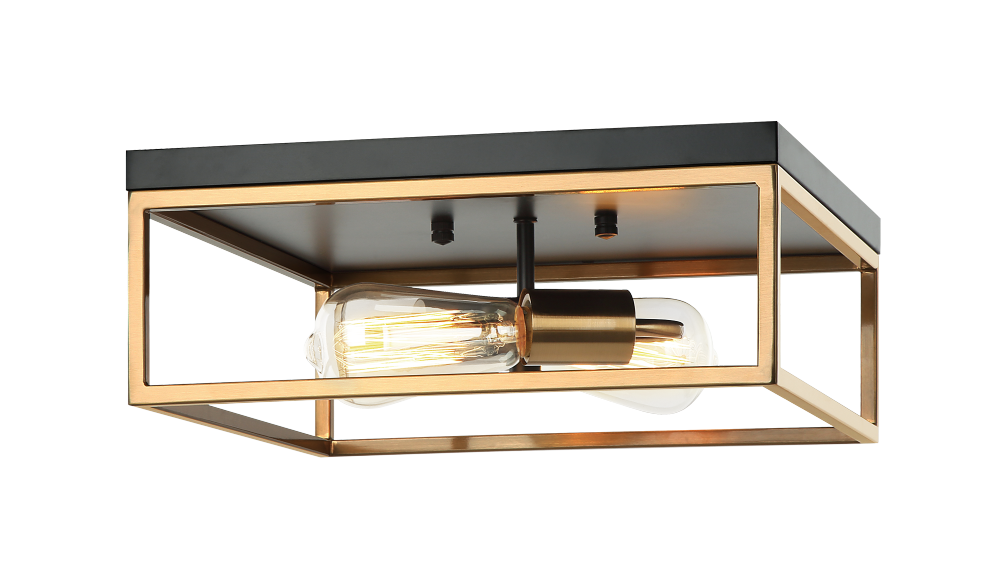 Matteo Lighting Clarke 2-Light Square Flush Mount Black, Aged Brass