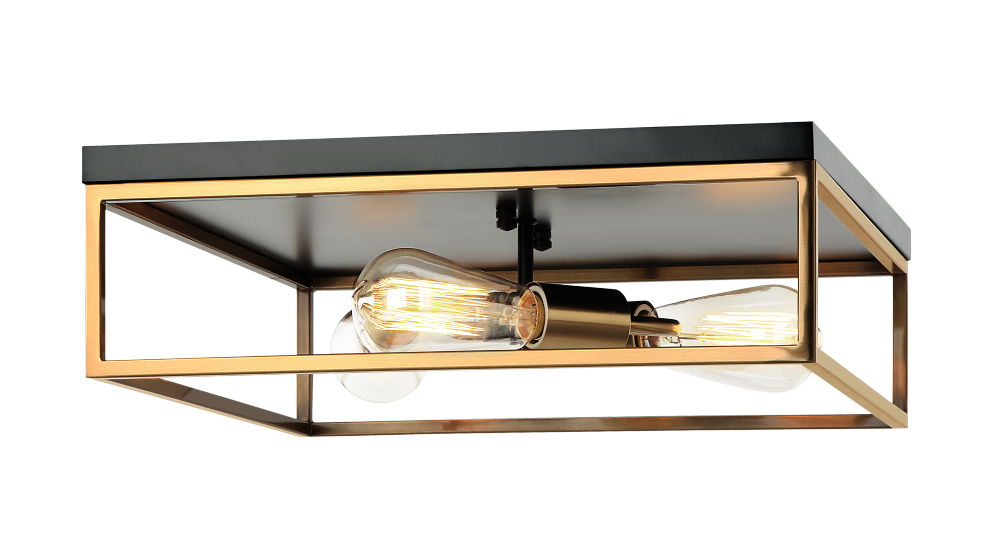 Matteo Lighting Clarke 3-Light Square Flush Mount Black, Aged Brass