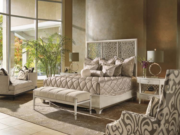 Maitland-Smith Bolero Panel Bed, King, Himalaya White Beechwood, Gilded Deco Silver Trim, Antique Mirror Headboard, 86"W (88-0411 YUU906TMCQ)