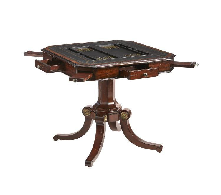Maitland-Smith Choate Game Table, Frontier Mahogany, Distressed Black Leather Top, Old English Brass Accents, 34"W (8100-31 YUU906TN96)