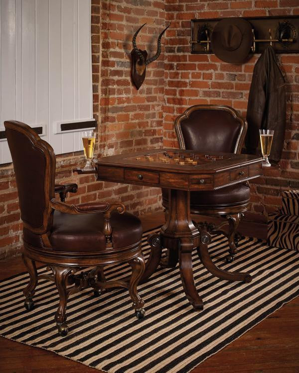 Maitland-Smith Choate Game Table, Frontier Mahogany, Distressed Black Leather Top, Old English Brass Accents, 34"W (8100-31 YUU906TN96)