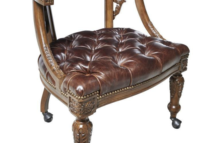 Maitland-Smith Gentry Game Chair, Carved Napoleon Brown, Briarwood Brown Leather, 27"W (8106-43 YUU906TP8T)