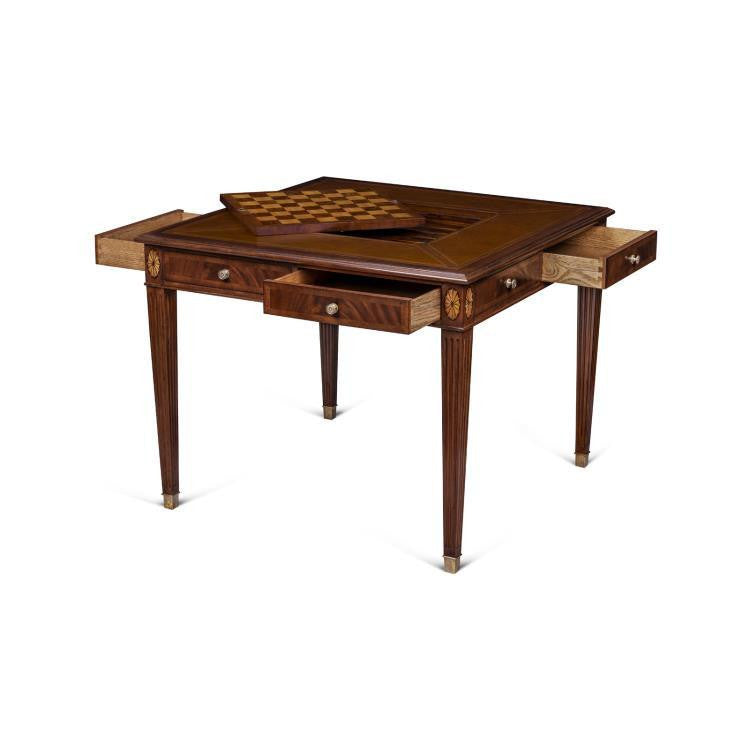 Maitland-Smith Hopkins Game Table, Mahogany, Antique Brown Leather, 38"W (89-0902 YUU906TPA0)