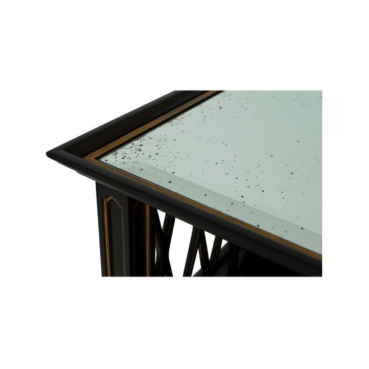 Maitland-Smith Noir Accent Table, Black, Antique Gold Accents, Glass Top, 20"W (89-0404 YUU906TR68)