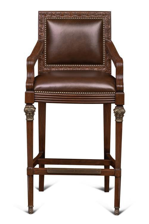 Maitland-Smith Quarter Bar Stool, Mahogany, Antique Brown Leather, 46"H (89-1501 YUU906TR7Y)