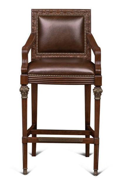 Maitland-Smith Quarter Bar Stool, Mahogany, Antique Brown Leather, 46"H (89-1501 YUU906TR7Y)