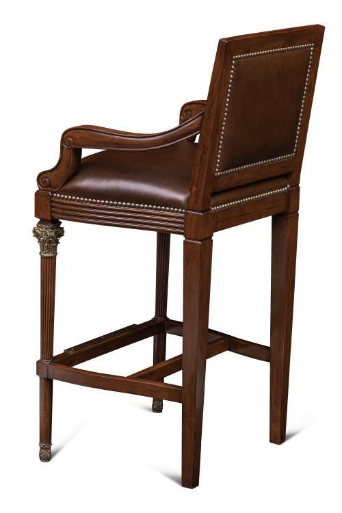 Maitland-Smith Quarter Bar Stool, Mahogany, Antique Brown Leather, 46"H (89-1501 YUU906TR7Y)