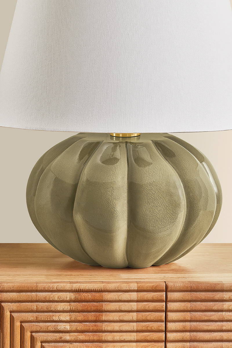 Mitzi by Hudson Valley Lighting Beata Table Lamp in Aged Brass / Ceramic Harbour Gray Cackle, detail view 2