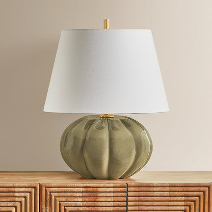 Mitzi by Hudson Valley Lighting Beata Table Lamp in Aged Brass / Ceramic Harbour Gray Cackle, detail view 3