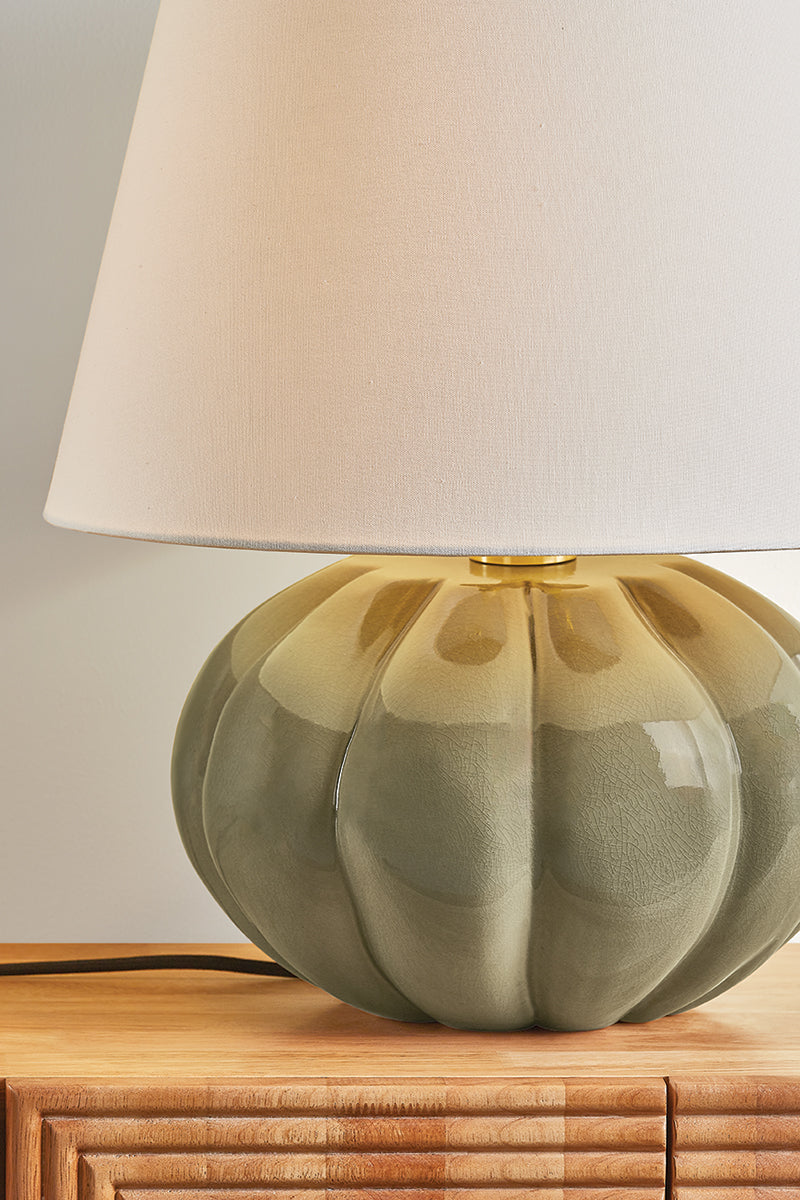 Mitzi by Hudson Valley Lighting Beata Table Lamp in Aged Brass / Ceramic Harbour Gray Cackle, detail view 4