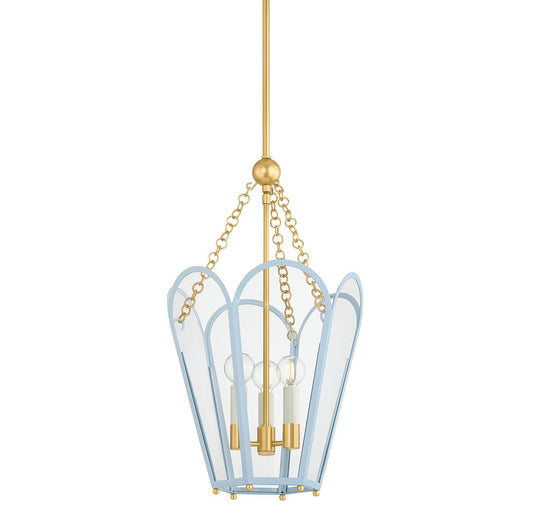 Mitzi by Hudson Valley Lighting Clarisse 3-Light Lantern in Aged Brass / Soft Arctic Blue
