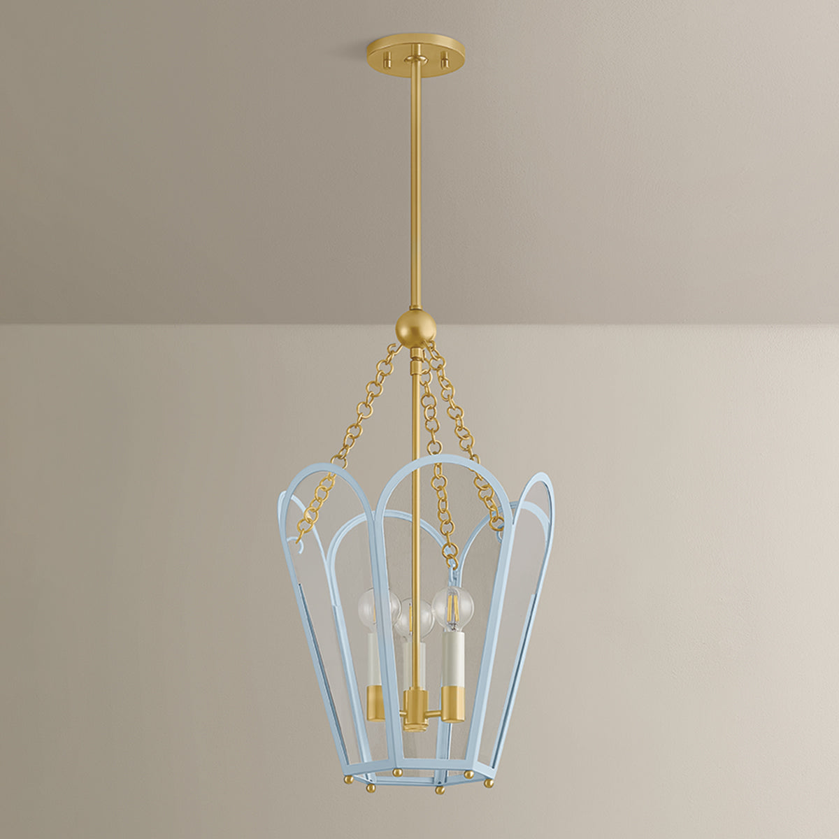 Mitzi by Hudson Valley Lighting Clarisse 3-Light Lantern in Aged Brass / Soft Arctic Blue, detail view 3