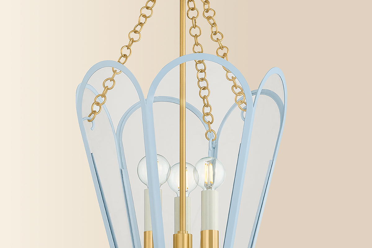 Mitzi by Hudson Valley Lighting Clarisse 3-Light Lantern in Aged Brass / Soft Arctic Blue, detail view 4