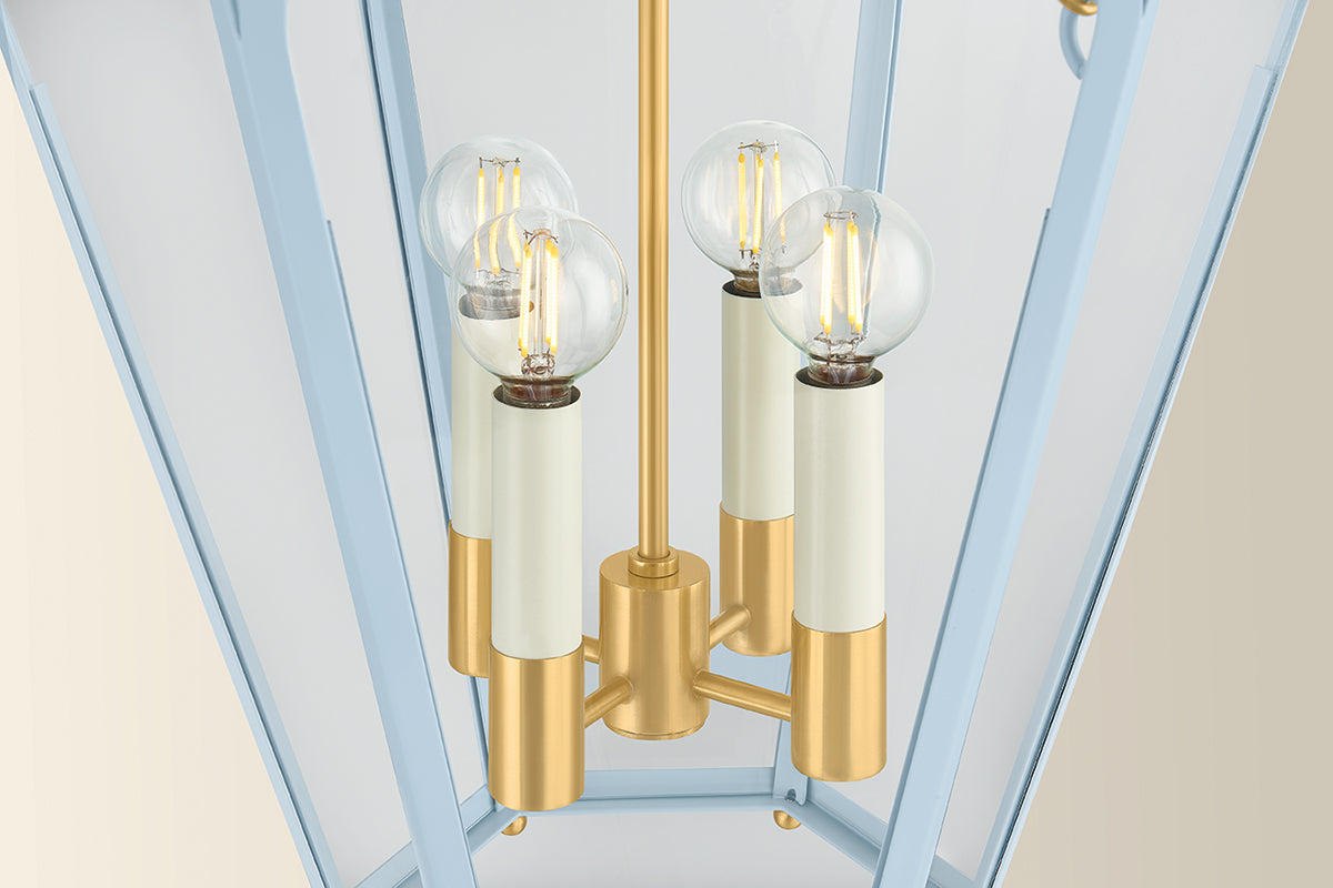 Mitzi by Hudson Valley Lighting Clarisse 4-Light Lantern in Aged Brass / Soft Arctic Blue, detail view 4