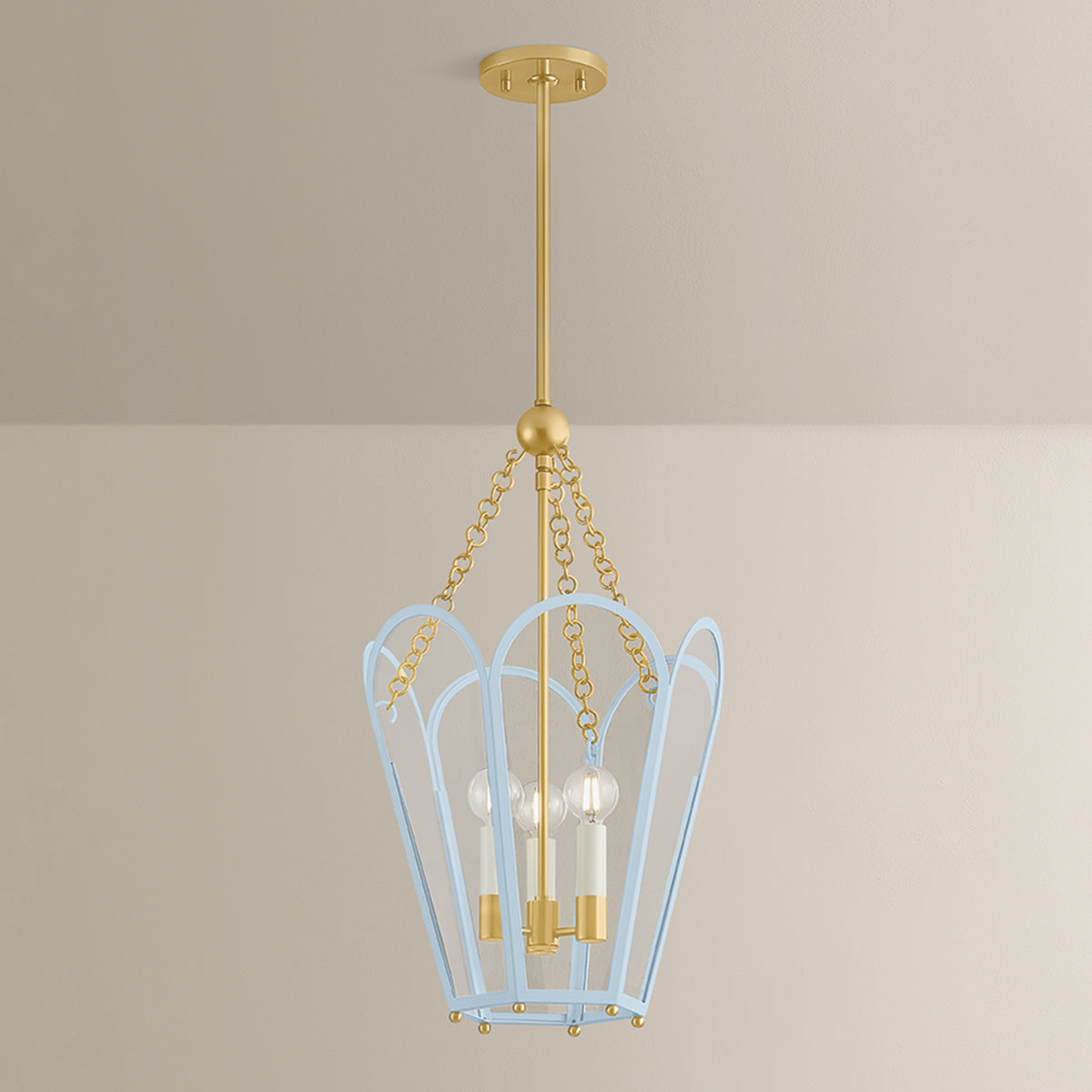 Mitzi by Hudson Valley Lighting Clarisse 3-Light Lantern in Aged Brass / Soft Arctic Blue, detail view 5