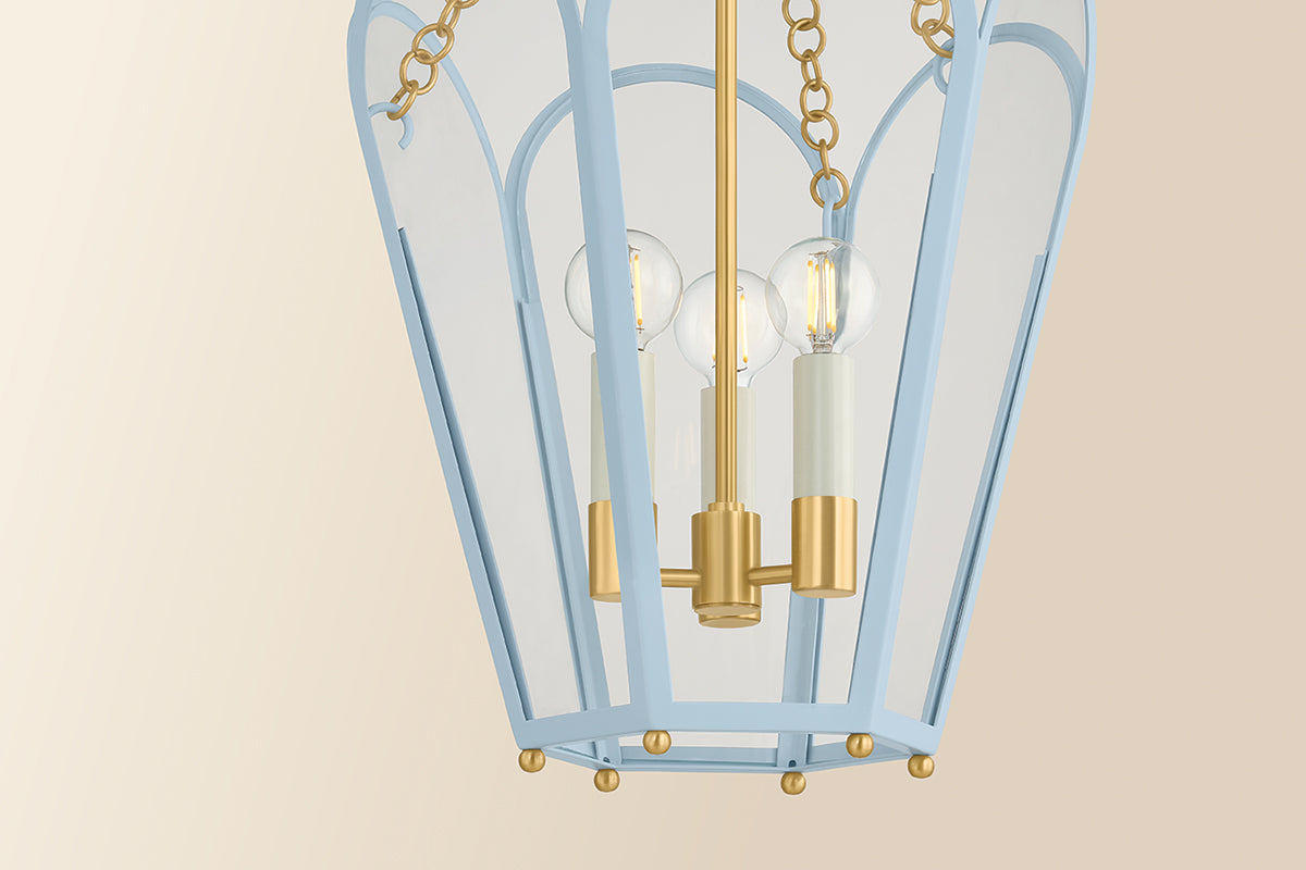 Mitzi by Hudson Valley Lighting Clarisse 3-Light Lantern in Aged Brass / Soft Arctic Blue, detail view 6