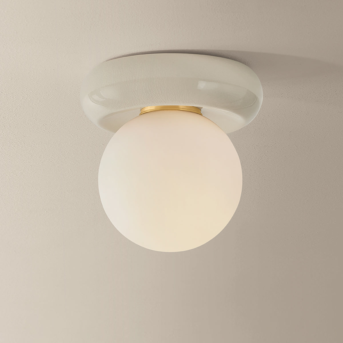 Mitzi by Hudson Valley Lighting Tyra Flush Mount in Aged Brass / Ceramic Ivory Crackle, detail view 4
