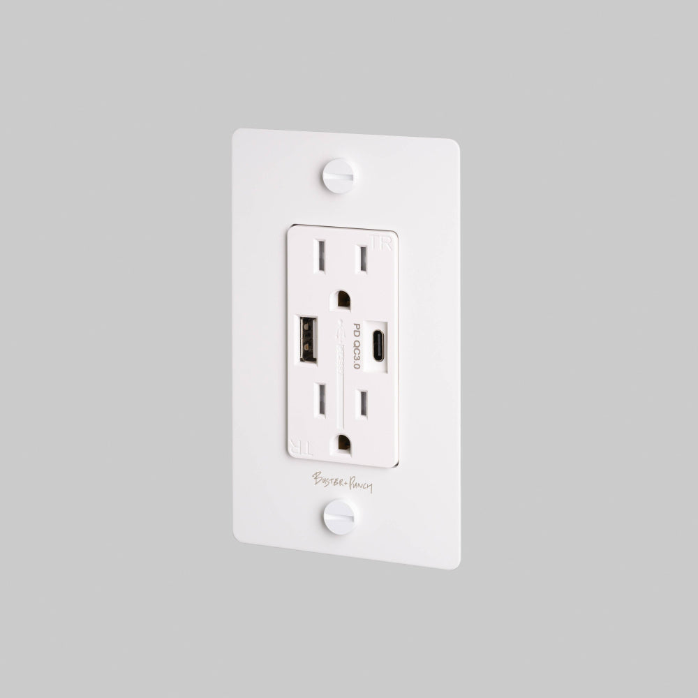 Outlet - Duplex + USB-A/C, Logo, White