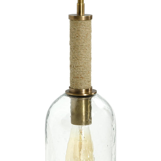 Palecek Bronson Mini Pendant, Long, 1-Light, Antique Brass , Clear Rippled Glass Shade, 6"W (2068-79 3706TM49)