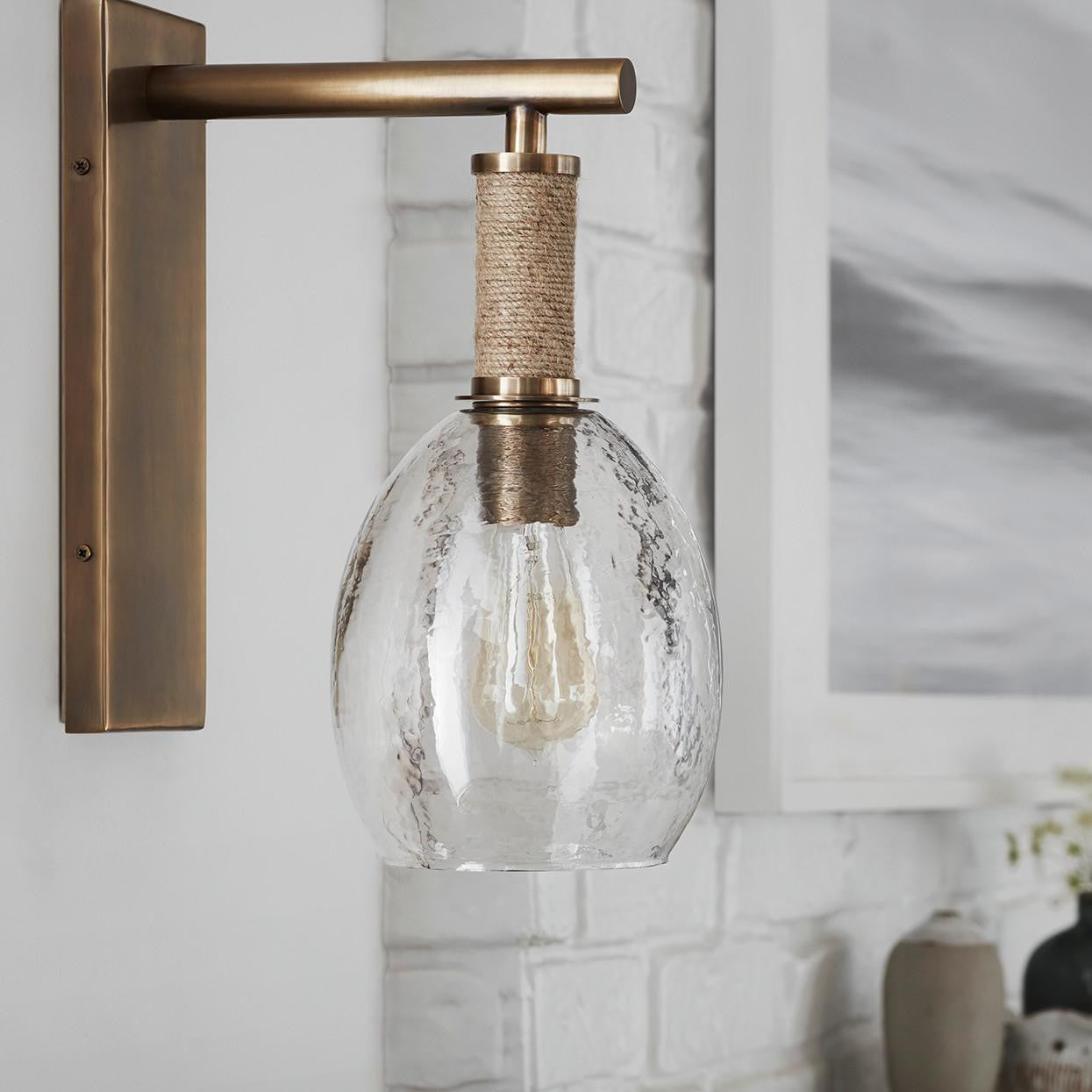 Palecek Bronson Wall Sconce, 1-Light, Antique Brass, Natural, Clear Rippled Glass Shade, 7"W (2628-79 3706TN3W)