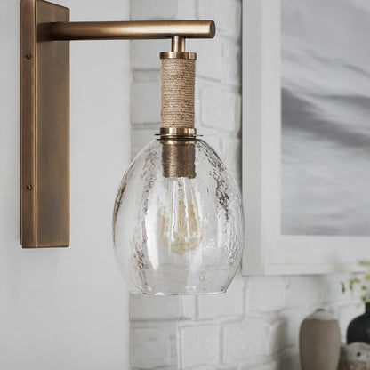 Palecek Bronson Wall Sconce, 1-Light, Antique Brass, Natural, Clear Rippled Glass Shade, 7"W (2628-79 3706TN3W)