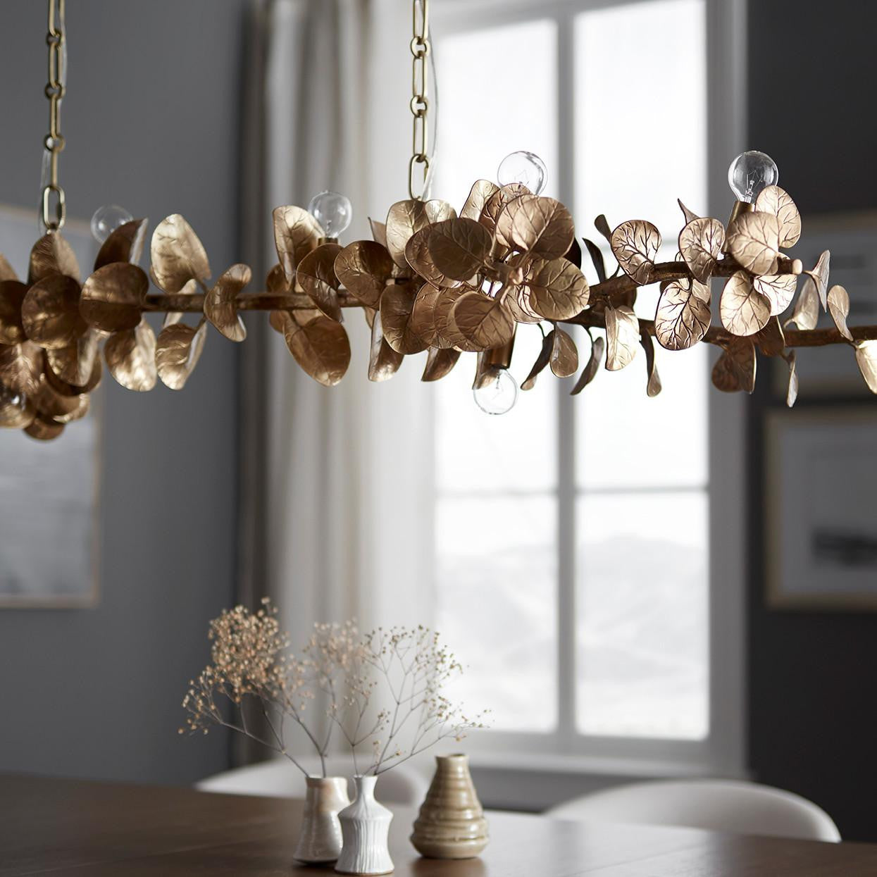 Palecek Eucalyptus Leaf Linear Chandelier, 10-Light, Matte Brass, 60.5"W (2475-79 3706TN33)