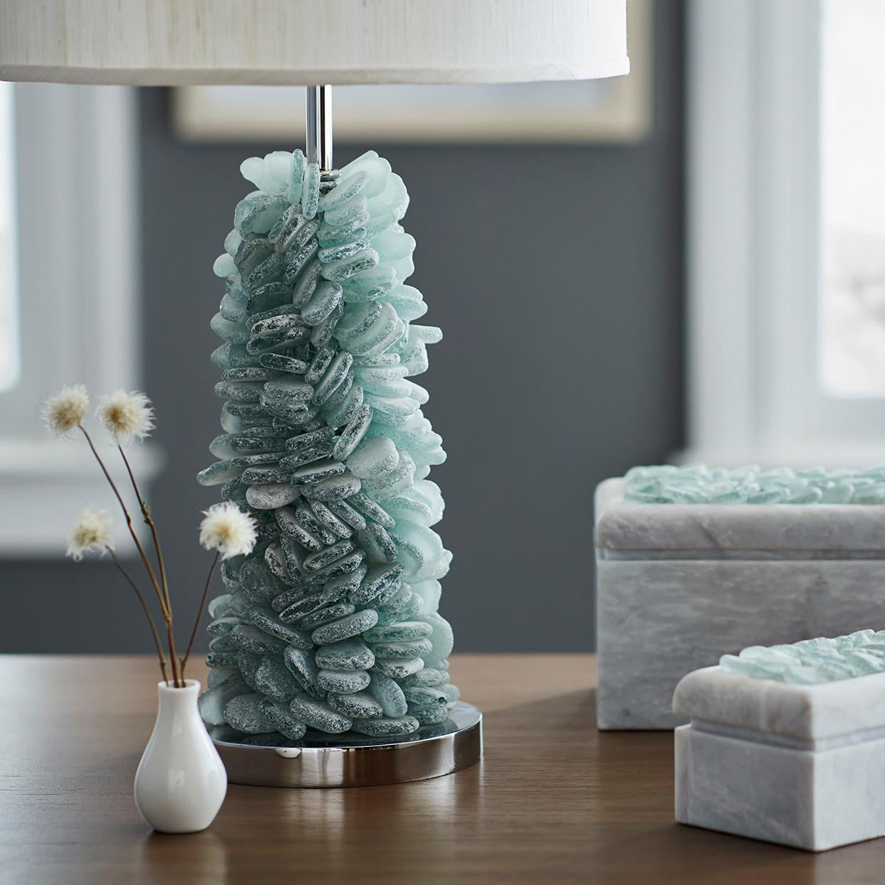 Palecek Seaglass Table Lamp, 1-Light, Green, Stainless Steel, White Linen Drum Shade, 26.5"H (2466-56 3706TN2W)