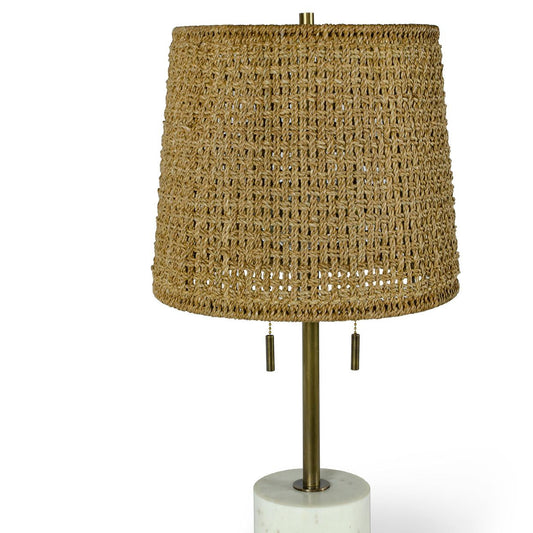 Palecek Winslow Table Lamp, 2-Light, Antique Brass, White Base, Tan Rattan & Lampakanai Rope Shade, 25"H (2611-82 3706TN3R)