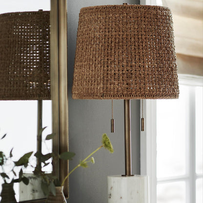 Palecek Winslow Table Lamp, 2-Light, Antique Brass, White Base, Tan Rattan & Lampakanai Rope Shade, 25"H (2611-82 3706TN3R)