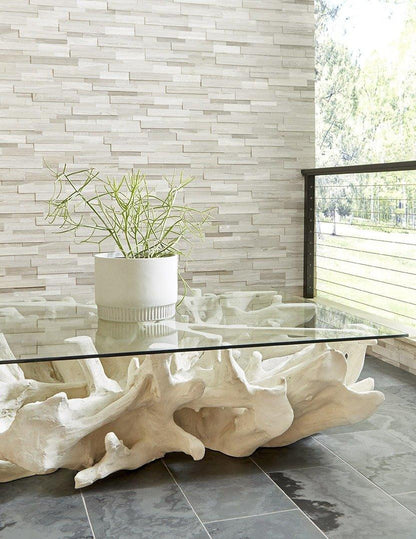 Phillips Collection Cast Root Stone Coffee Table, Clear Glass Top, Off-White, 60"W (PH87195 YV0J07T525)