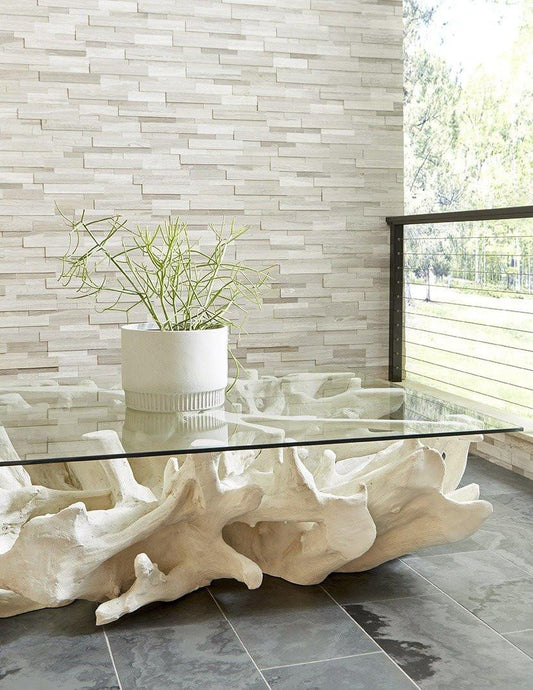 Phillips Collection Cast Root Stone Coffee Table, Clear Glass Top, Off-White, 60"W (PH87195 YV0J07T525)