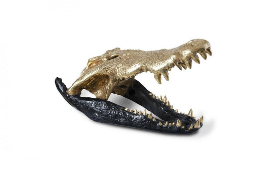 Phillips Collection Crocodile Skull Sculpture Glossy Black, Gold Leaf