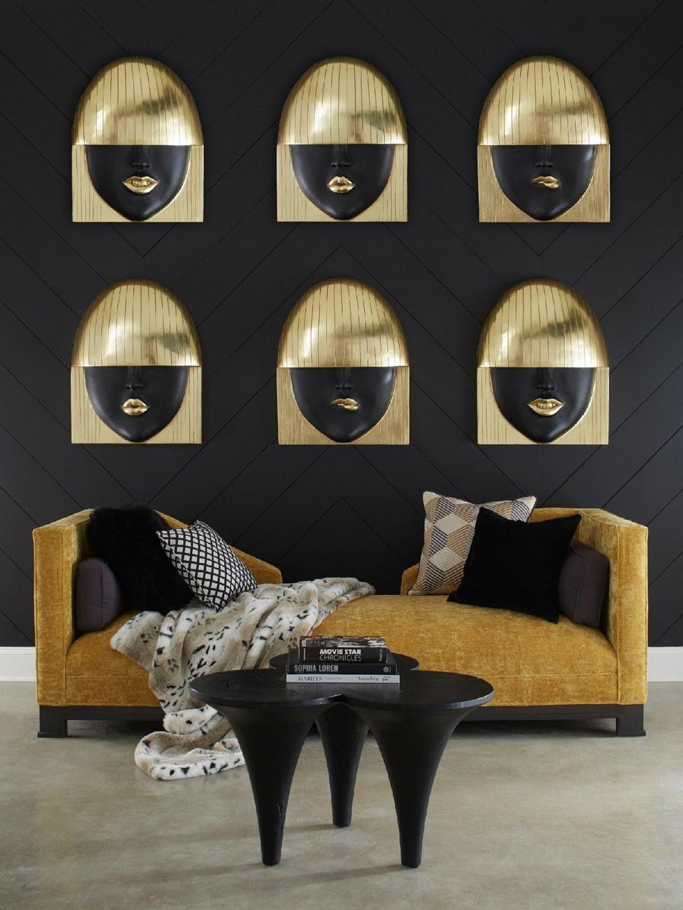 Phillips Collection Fashion Faces Wall Sculpture, Kiss, Large, Black, Gold Leaf, 23.5"W (PH94748 YV0J07T713)