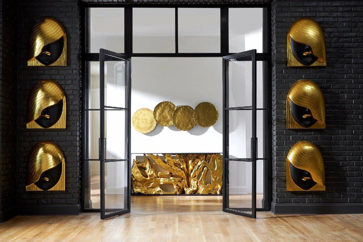 Phillips Collection Fashion Faces Wall Sculpture, Pout Left Wave Hair, Large, Black, Gold Leaf, 23.5"W (PH112030 YV0J07T719)