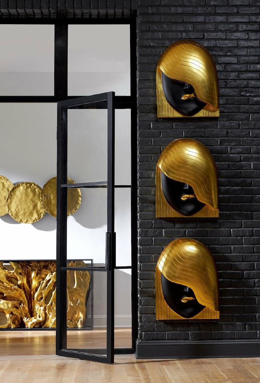 Phillips Collection Fashion Faces Wall Sculpture, Pout Left Wave Hair, Large, Black, Gold Leaf, 23.5"W (PH112030 YV0J07T719)