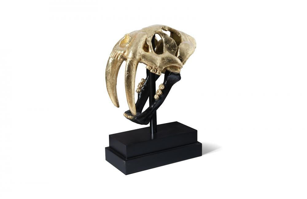 Phillips Collection Saber Tooth Tiger Skull Sculpture, Black, Gold Leaf, Black Base, 20"H (PH67580 YV0J07W4UA)