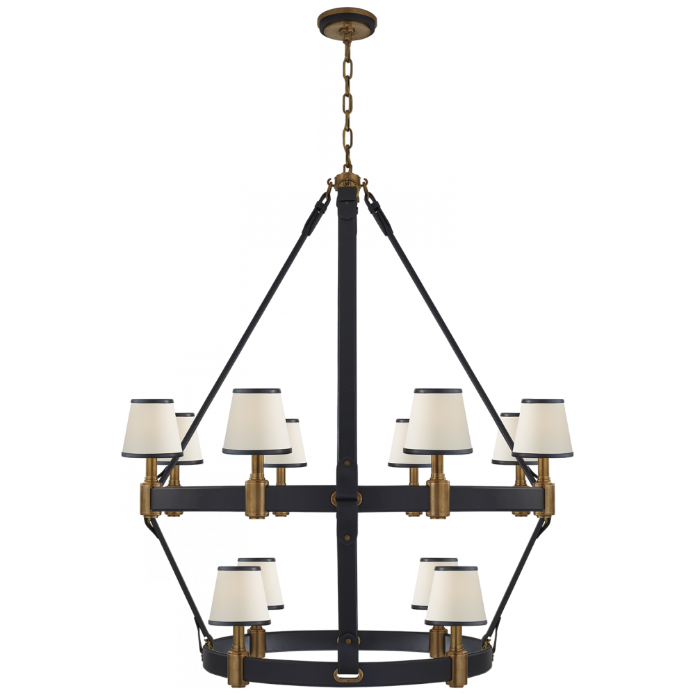 Ralph Lauren Riley Large Two Tier Chandelier Natural Brass and Navy Leather